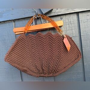 Vintage WOVEN CORD & LUCITE SHELL PURSE Brown Handbag Lined Chain Link Handle